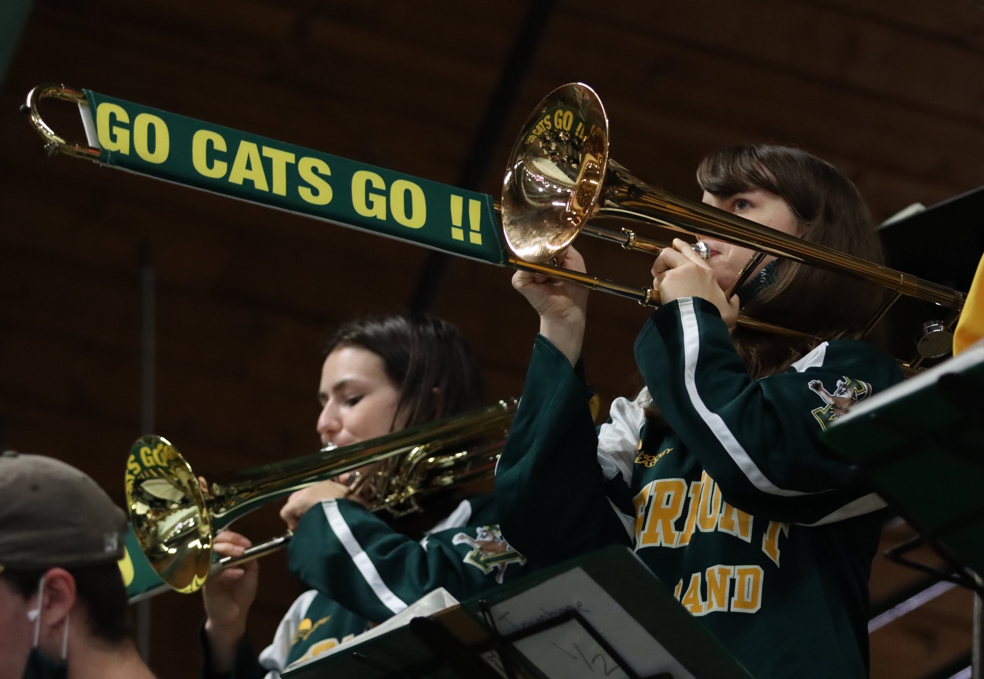 Sarah playing trombone with the UVM Pep Band